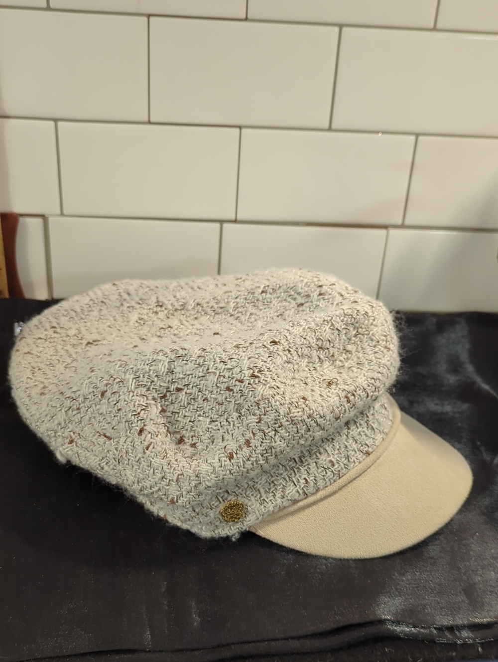 Vince Camuto Cream and Brown Tweed Hat with Satin Lining